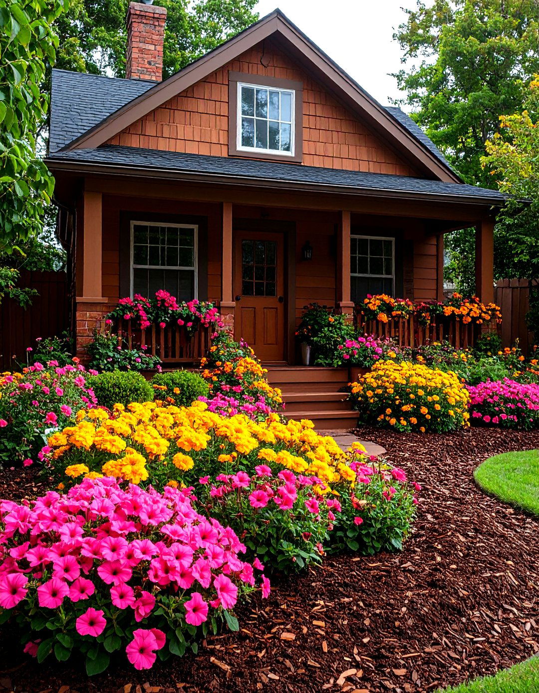 Chocolate Mulch with Colorful Annuals - 30 front yard mulch ideas
