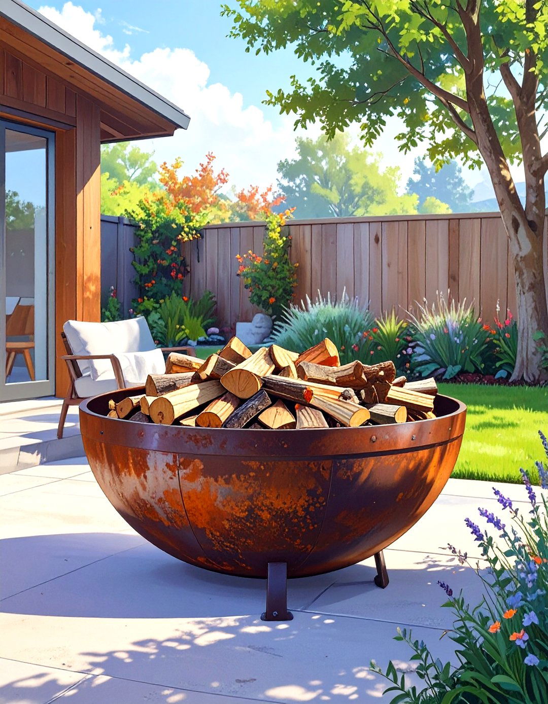 Circular Steel Firewood Holder - 30 outdoor firewood storage ideas