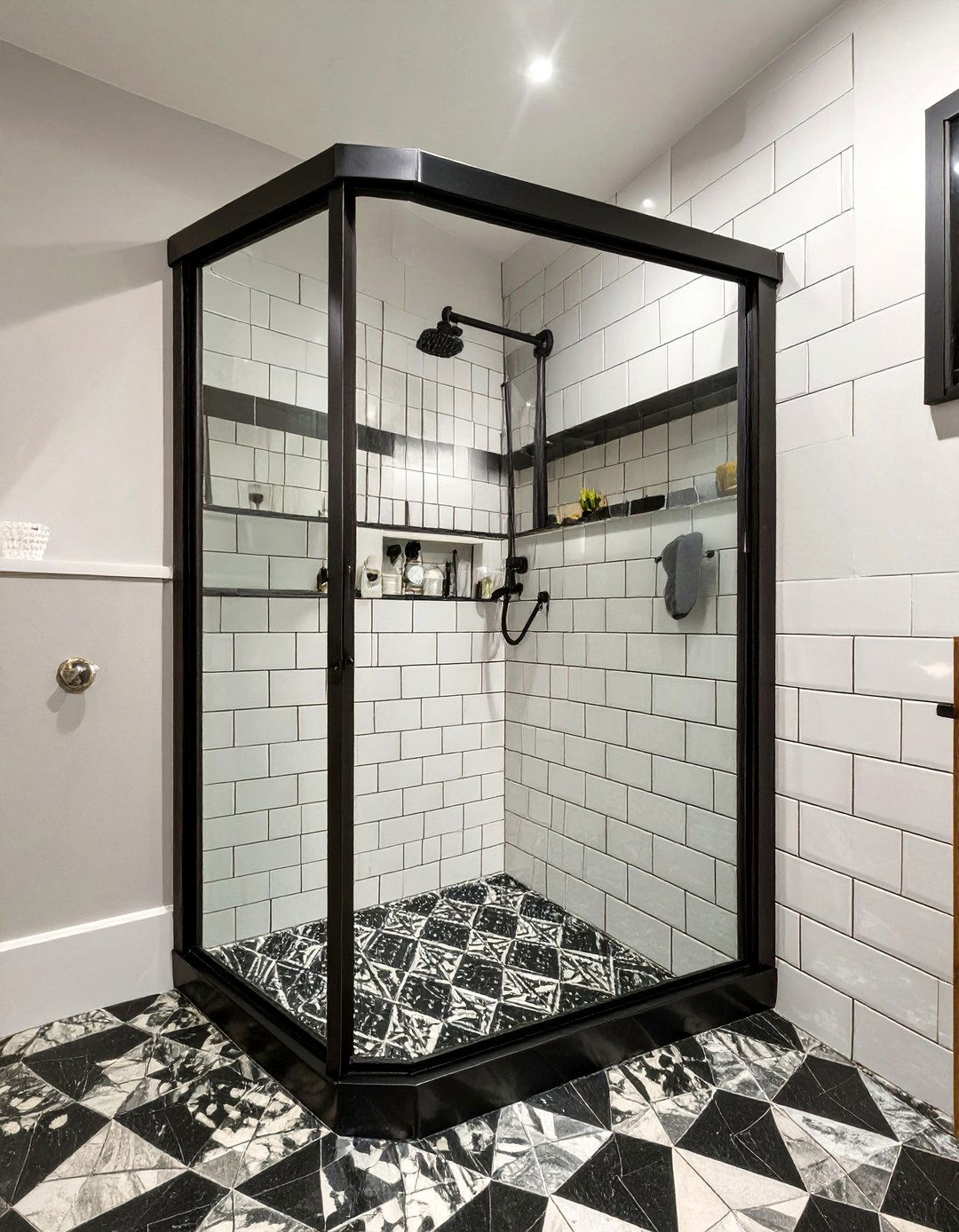 Classic Black and White Tiled Shower - 30 corner shower ideas