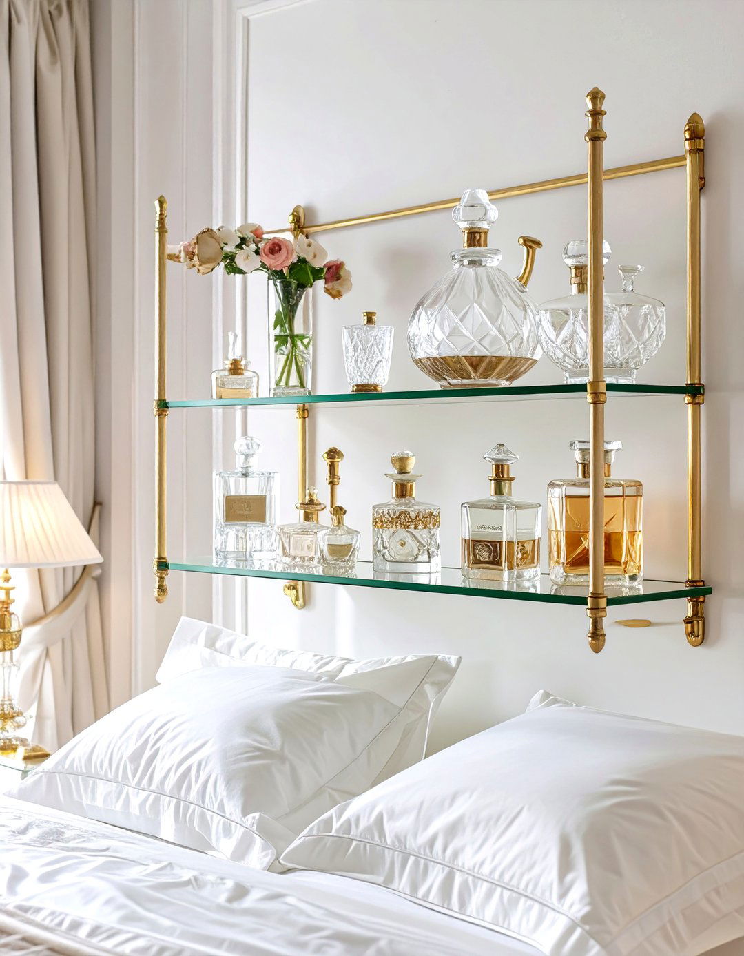 Classic Glass and Brass Bedroom Shelves - 30 bedroom shelf ideas