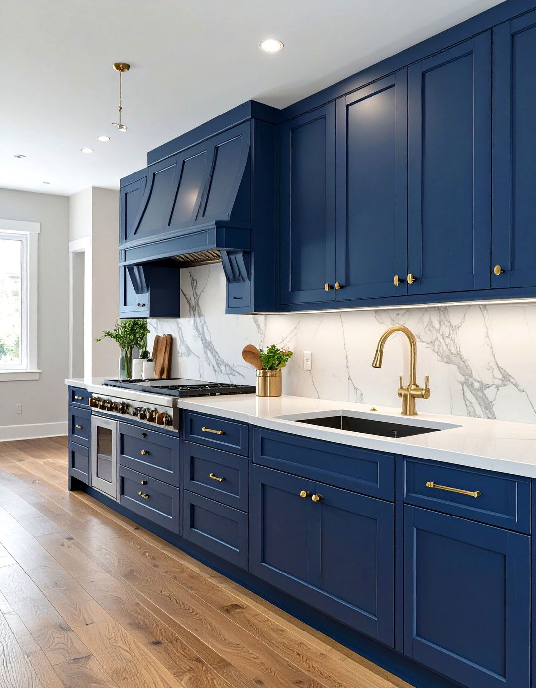 Classic Navy Blue Kitchen Cabinets with Brass Hardware - 30 blue kitchen cabinets ideas