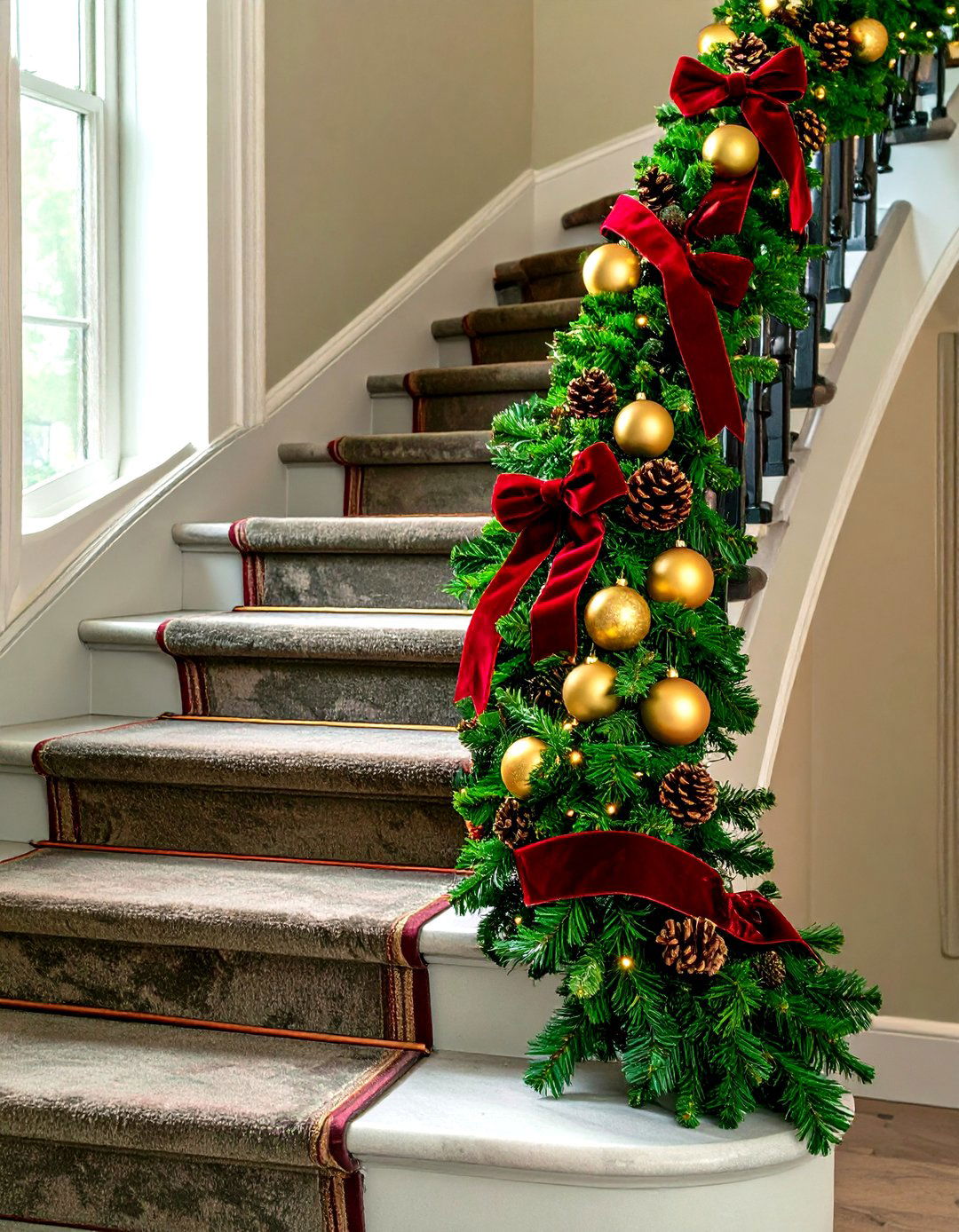 Classic Red Velvet and Gold Garland - 30 garland on stairs ideas