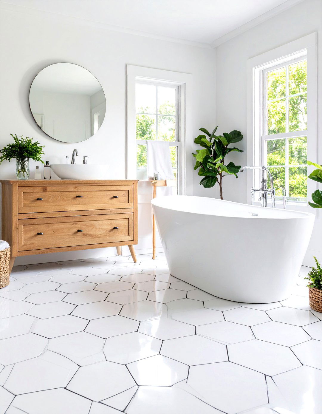 Classic White Penny Tile Floor with Black Grout - 30 penny tile bathroom floor ideas