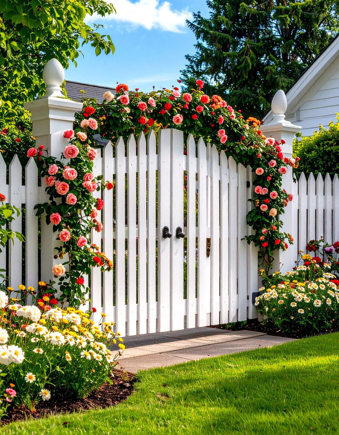 Classic White Picket Fence with Arched Gateway - 30 front yard fence ideas with driveway