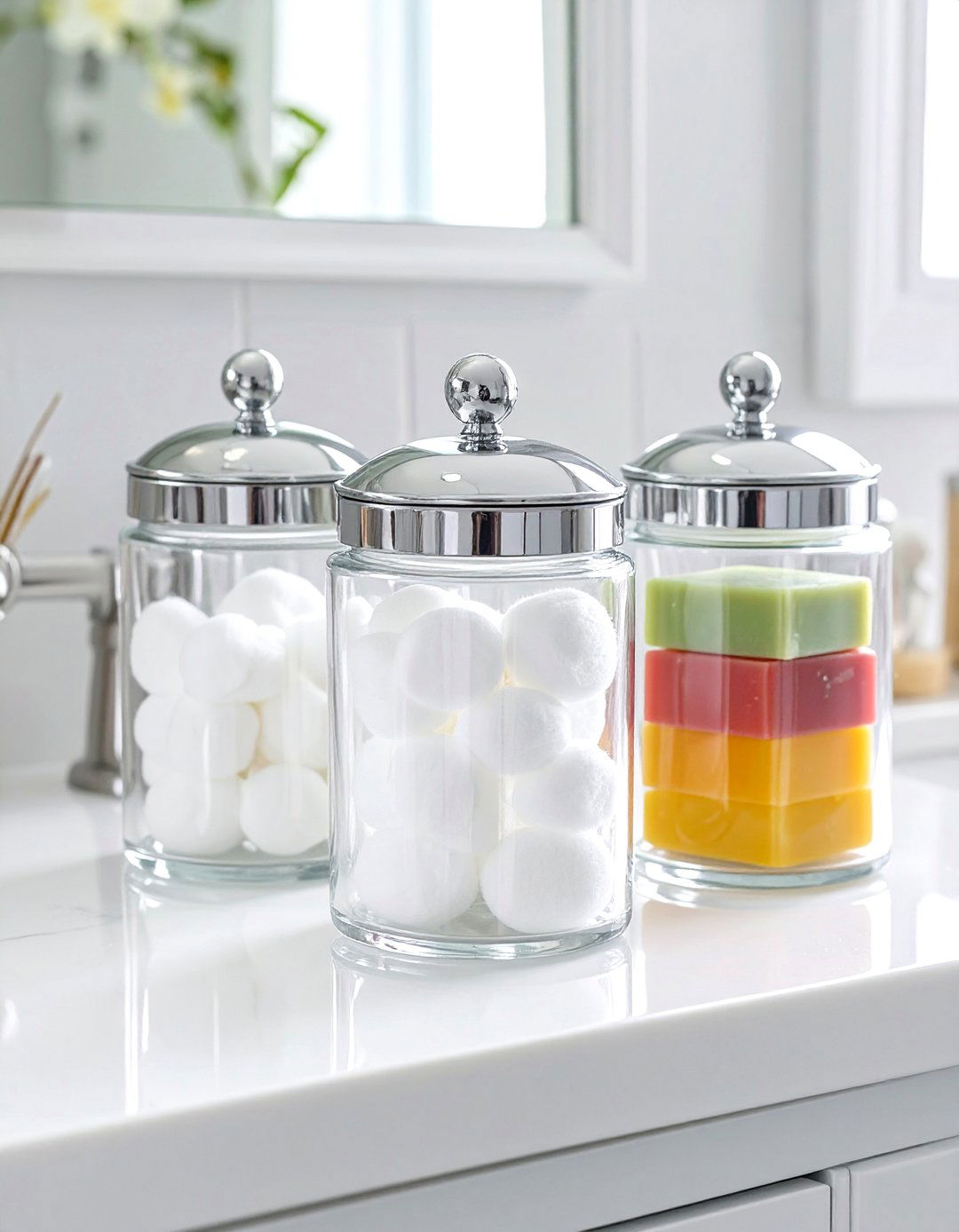 Clear Glass Canister Set - 30 bathroom counter organization ideas