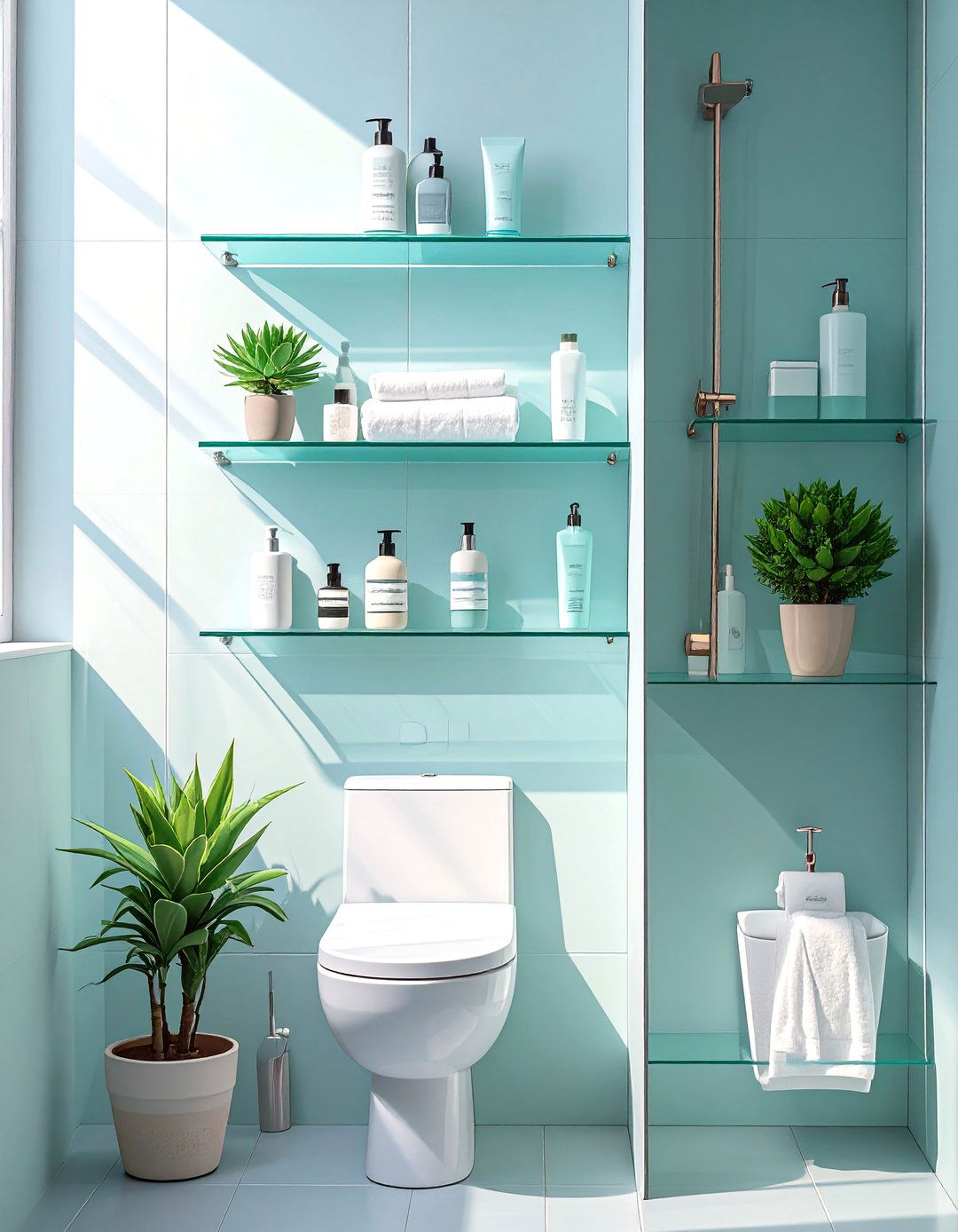 Clear Glass Shelving for Storage - 30 small bathroom inspo ideas
