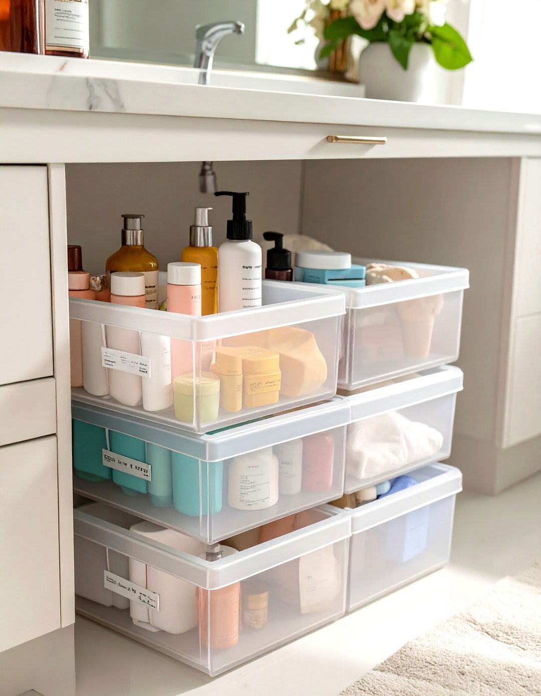 Clear Stackable Shoe Boxes for Backstock - 30 vanity organization ideas