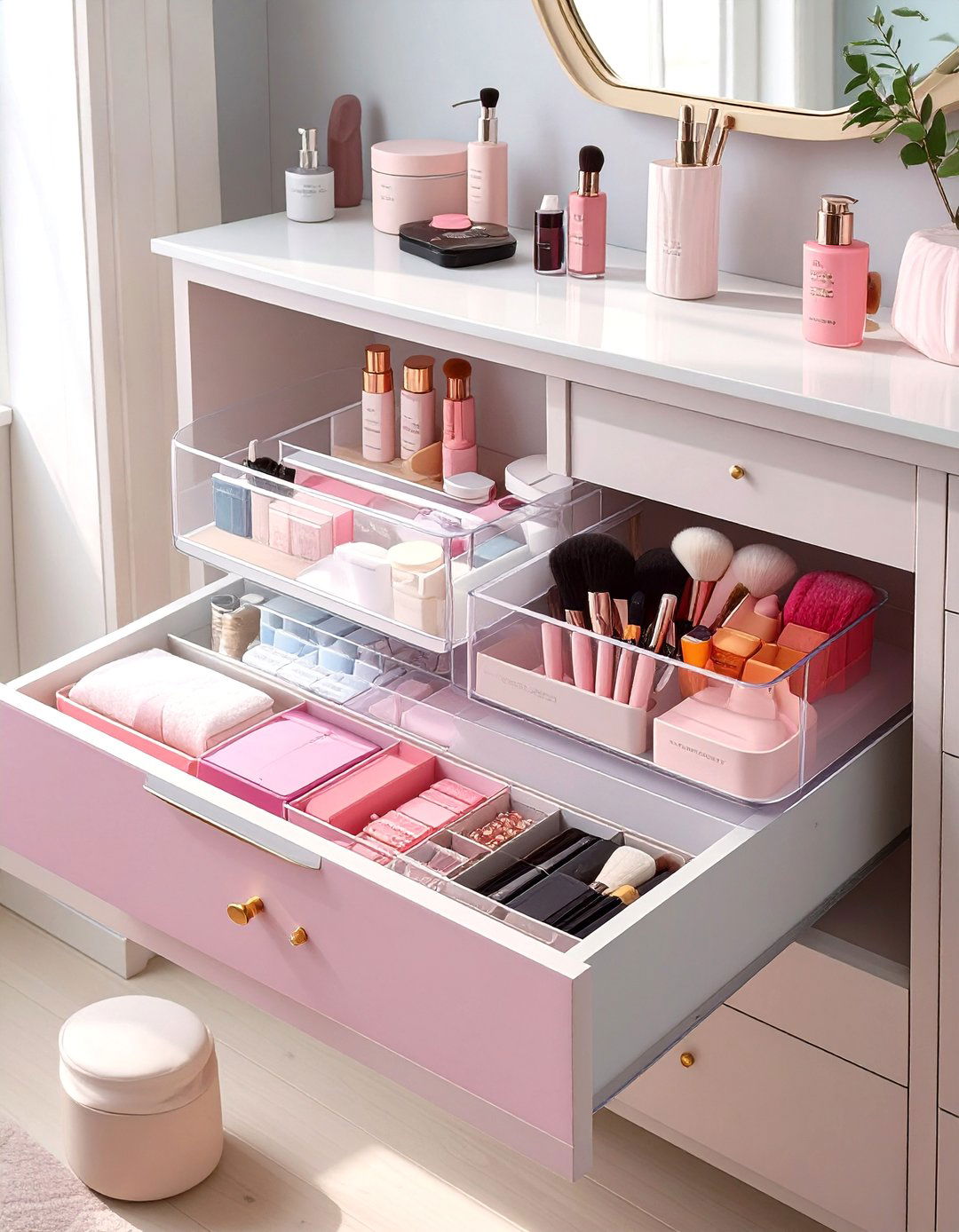 Clear Stackable Trays for Vertical Space - 30 bathroom drawer organization ideas