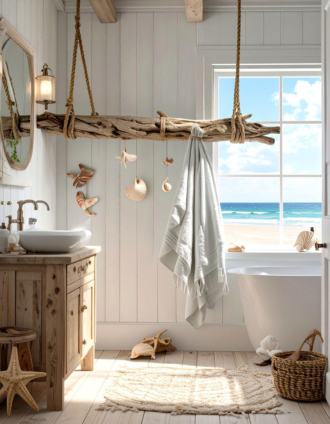 Coastal Bathroom Rope and Driftwood Holder - 30 bathroom towel holder ideas