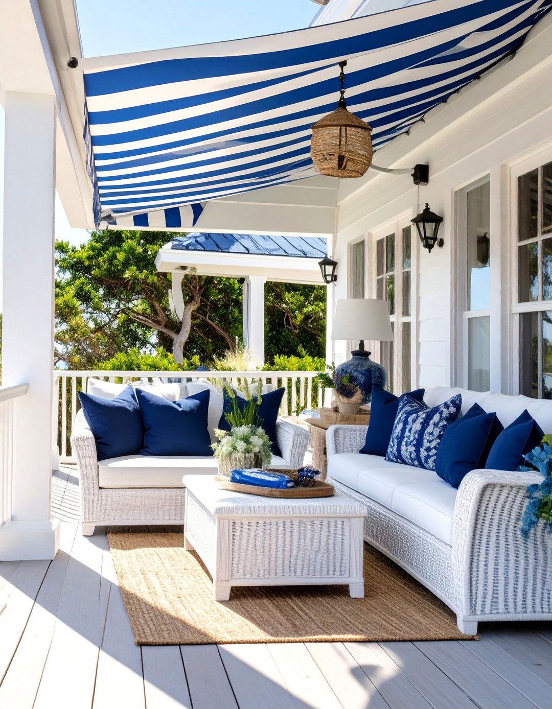Coastal Beach House Striped Awning - 30 deck awning ideas