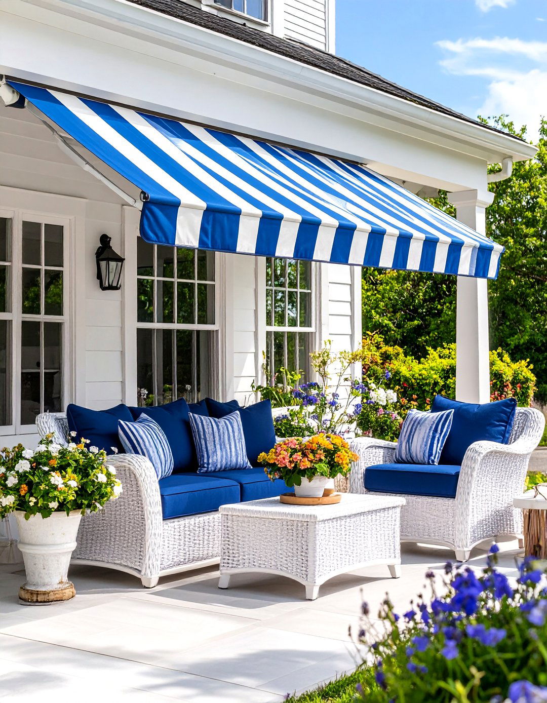 Coastal Beach House Striped Awning - 30 backyard awning ideas