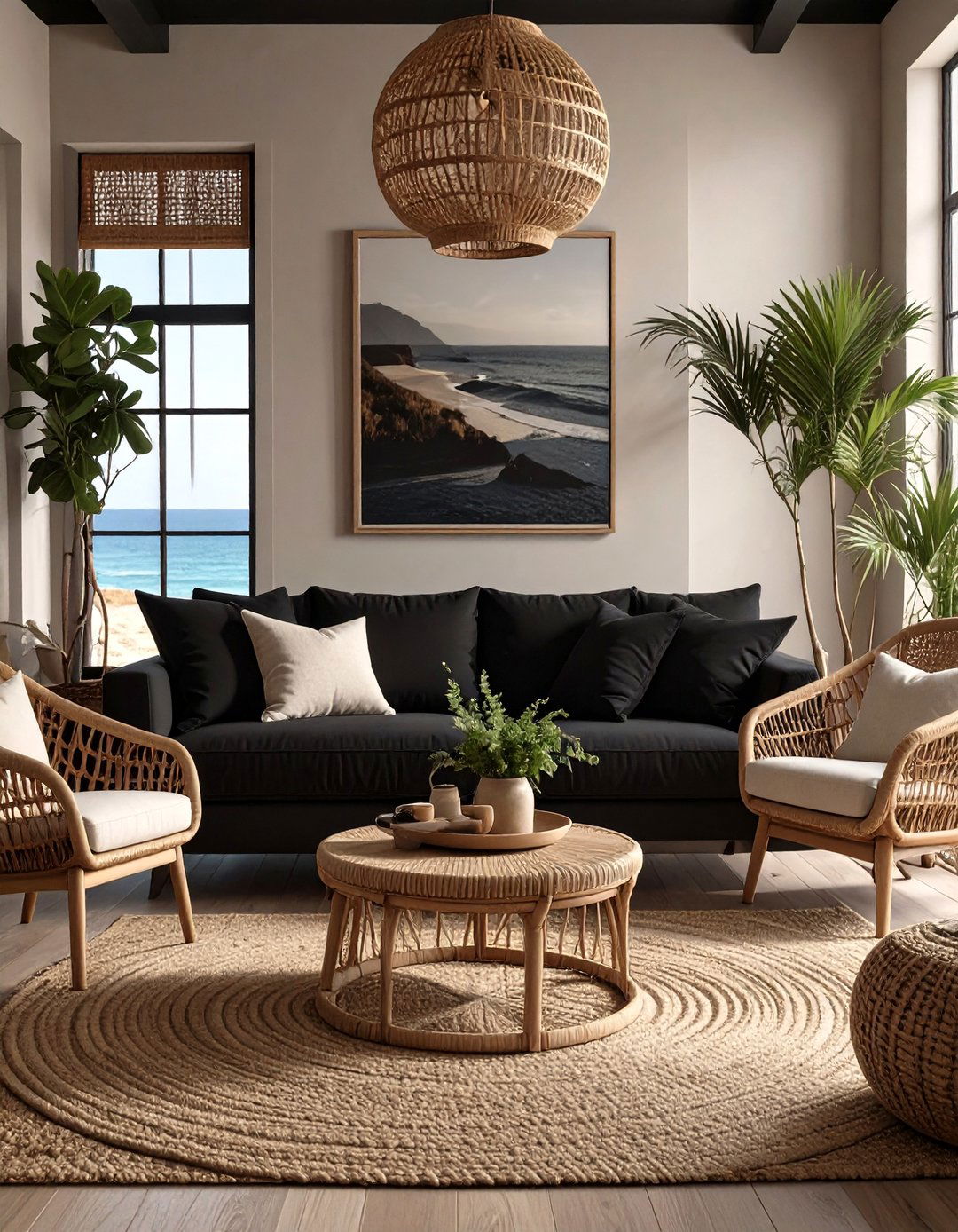 Coastal Black and Rattan Living Room - 30 black living room ideas