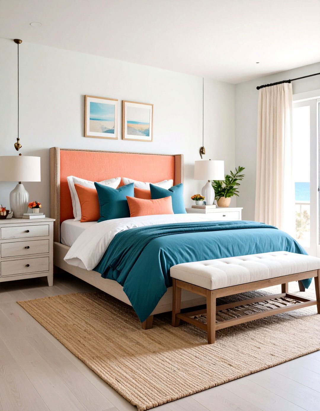 Coastal Complementary Coral and Teal Guest Bedroom - 30 interior design color wheel ideas