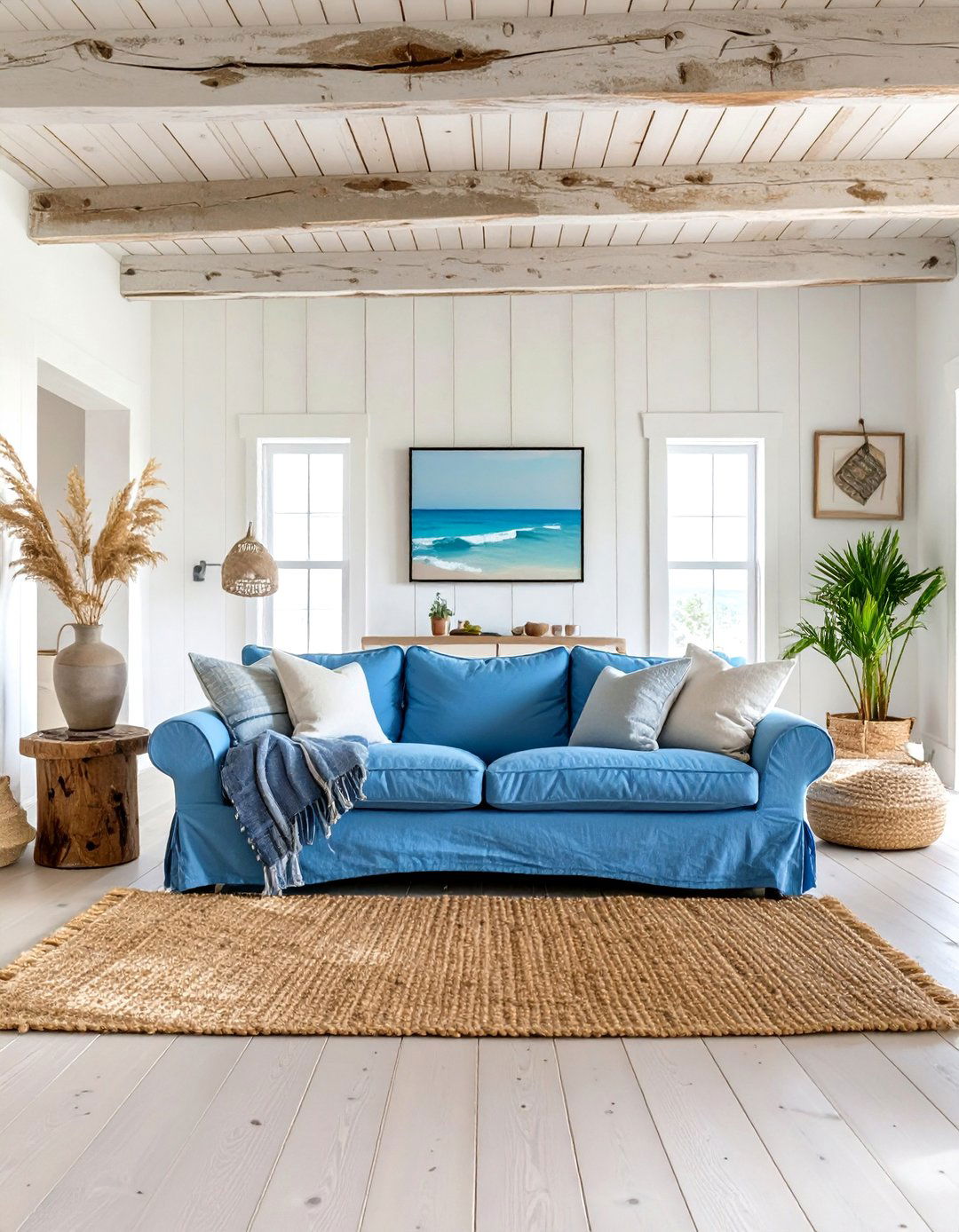 Coastal Farmhouse Living Room - 30 blue couch living room ideas