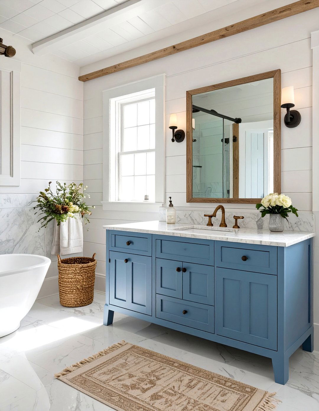 Coastal Farmhouse Marble Bathroom - 30 marble bathroom ideas