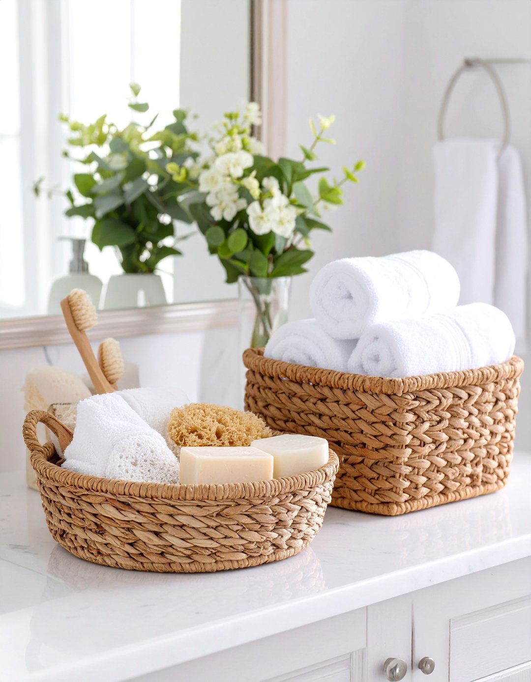 Coastal Inspired Wicker Baskets - 30 bathroom counter organization ideas