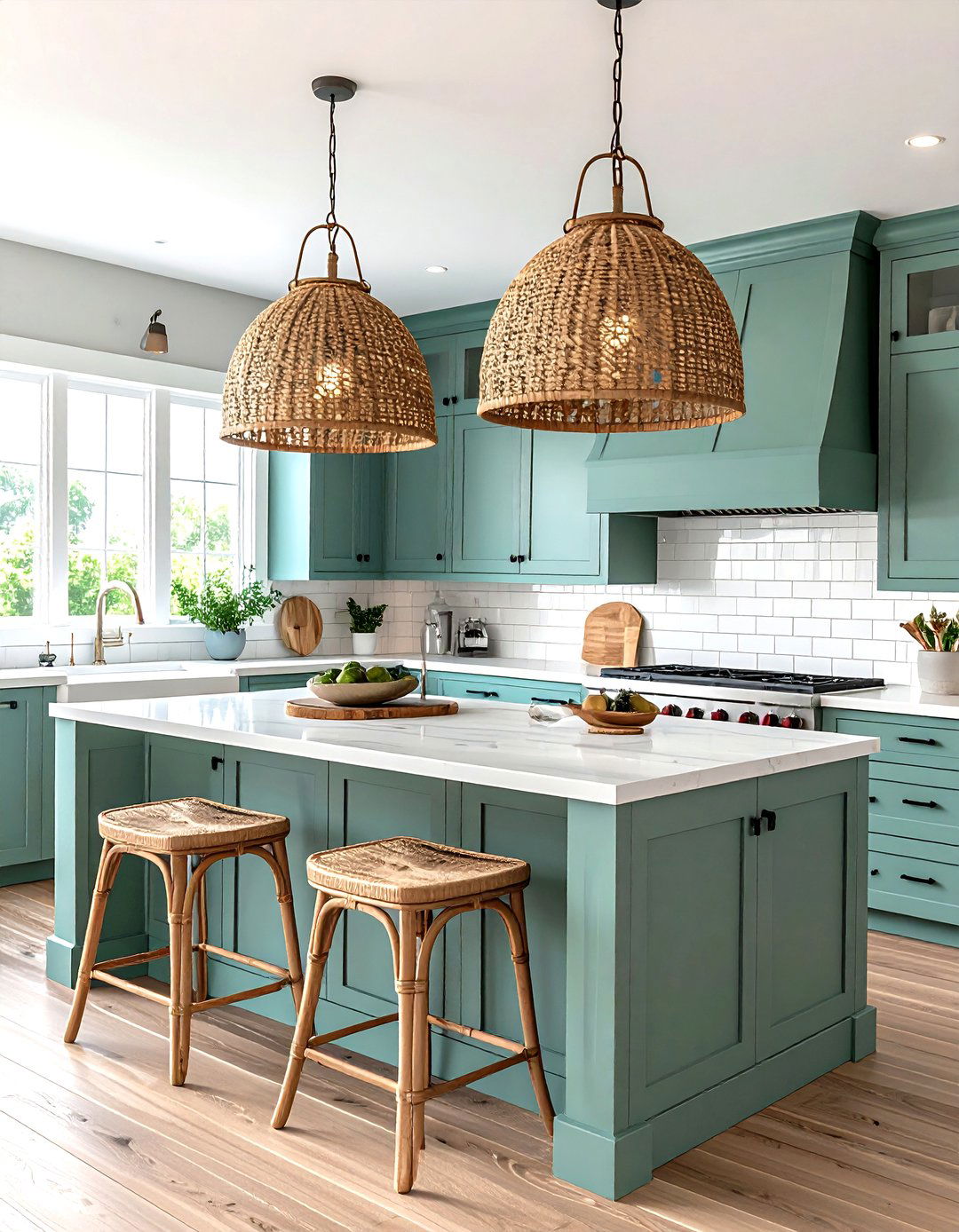 Coastal Kitchen Vibe with Rattan Pendants - 30 kitchen island lighting ideas
