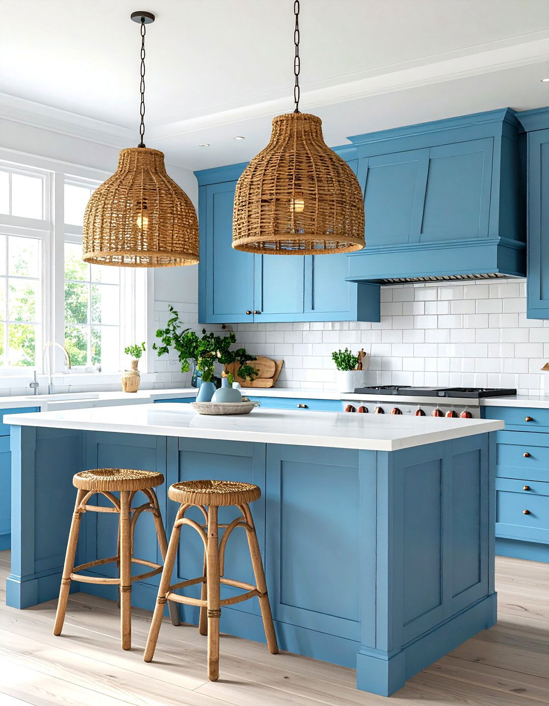 Coastal Kitchen with Rattan Pendants - 30 kitchen lighting design ideas