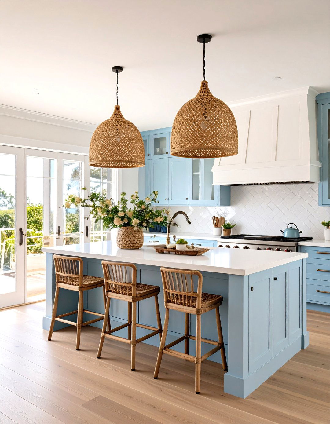 Coastal Kitchen with Rattan Pendants - 30 kitchen island pendant lighting ideas