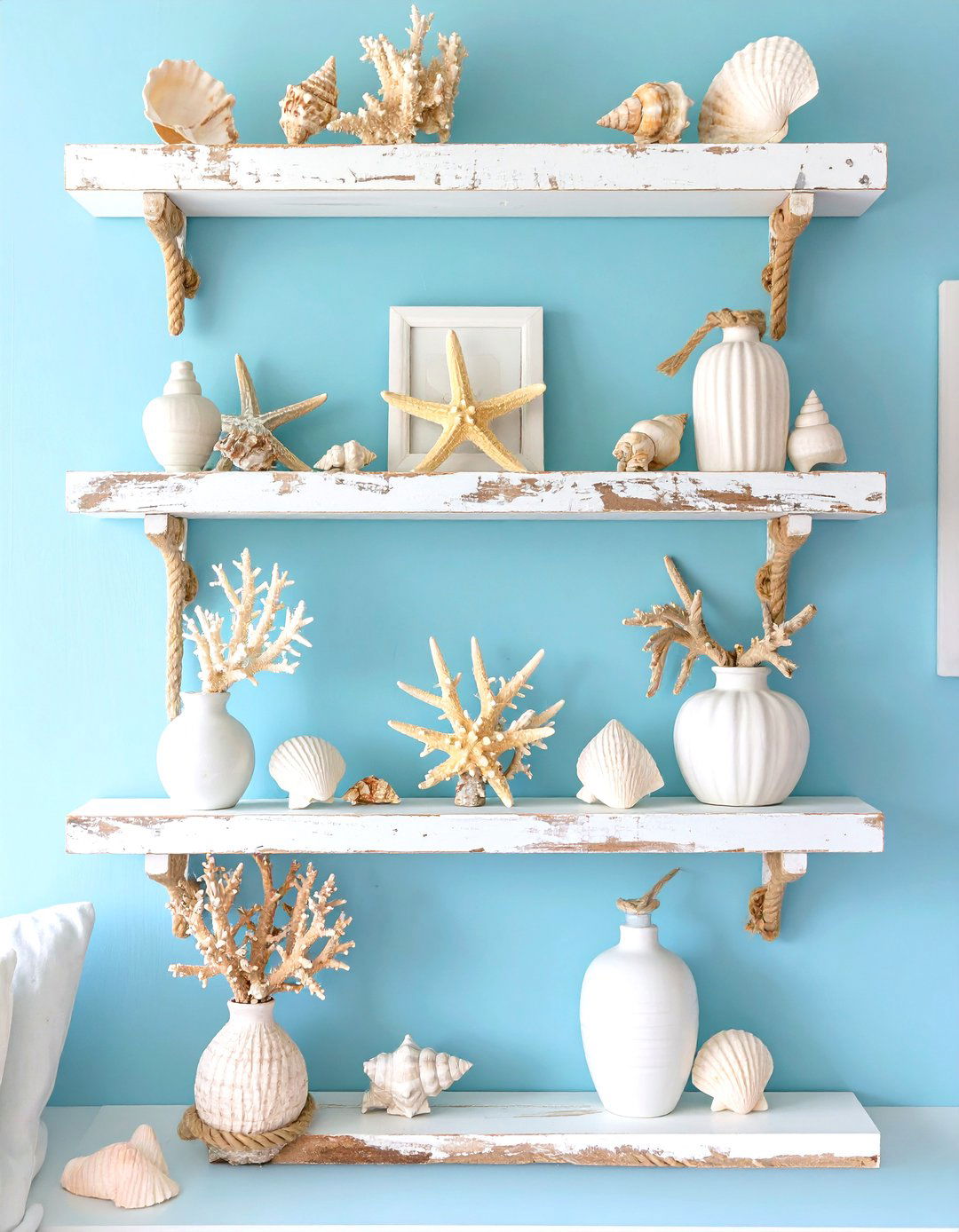 Coastal Living Room Whitewashed Shelves - 30 floating shelves ideas living room