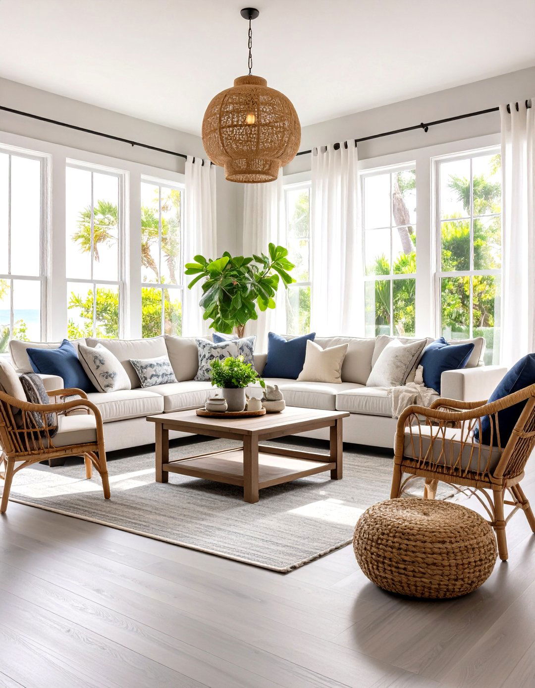 Coastal Living Room with Light Grey Laminate Floors - 30 grey flooring living room ideas