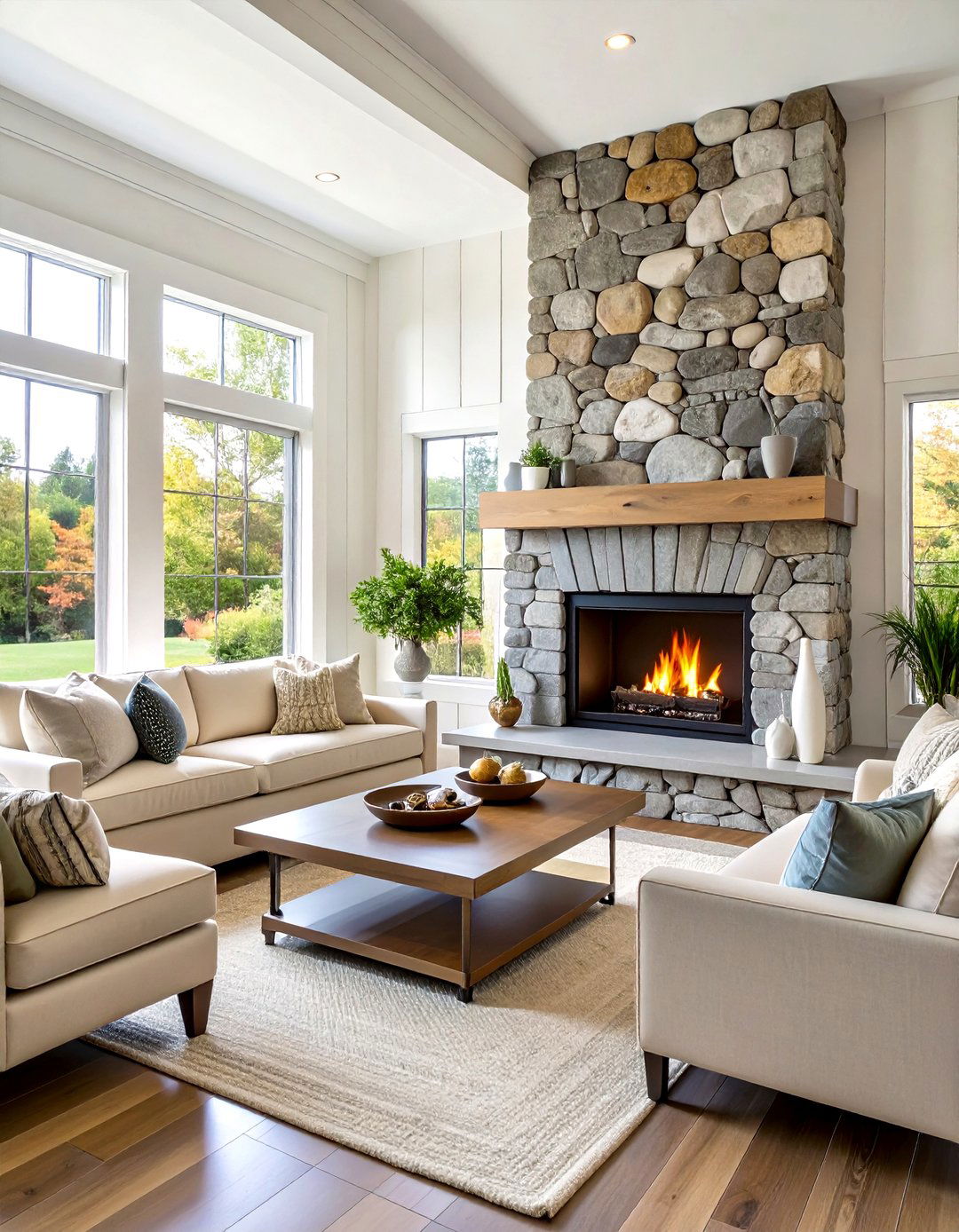 Coastal River Rock Fireplace - 30 living room stone fireplace ideas
