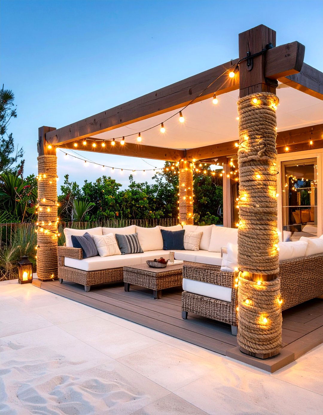 Coastal Rope Wrapped Pillars - 30 diy backyard lighting ideas