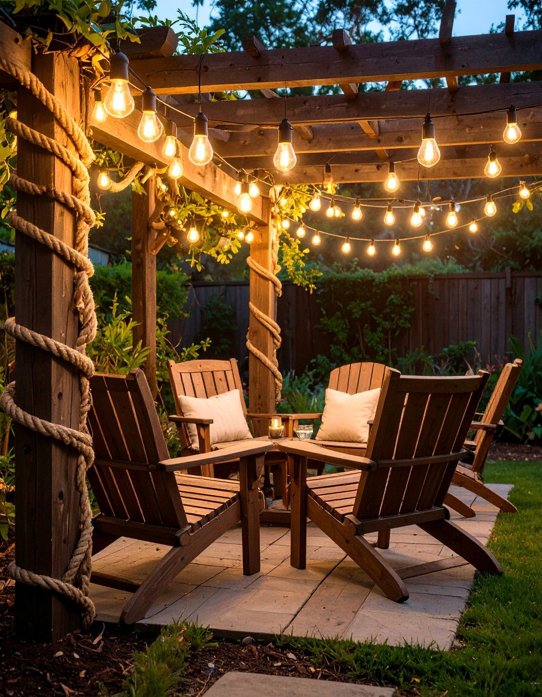 Coastal Rope and Edison Bulbs - 30 backyard lights ideas