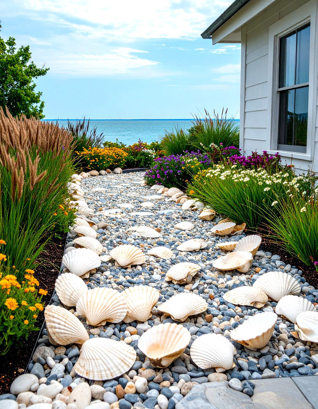 Coastal Sea Shell Edging for a Pea Gravel Patio - 30 pea gravel patio edging ideas