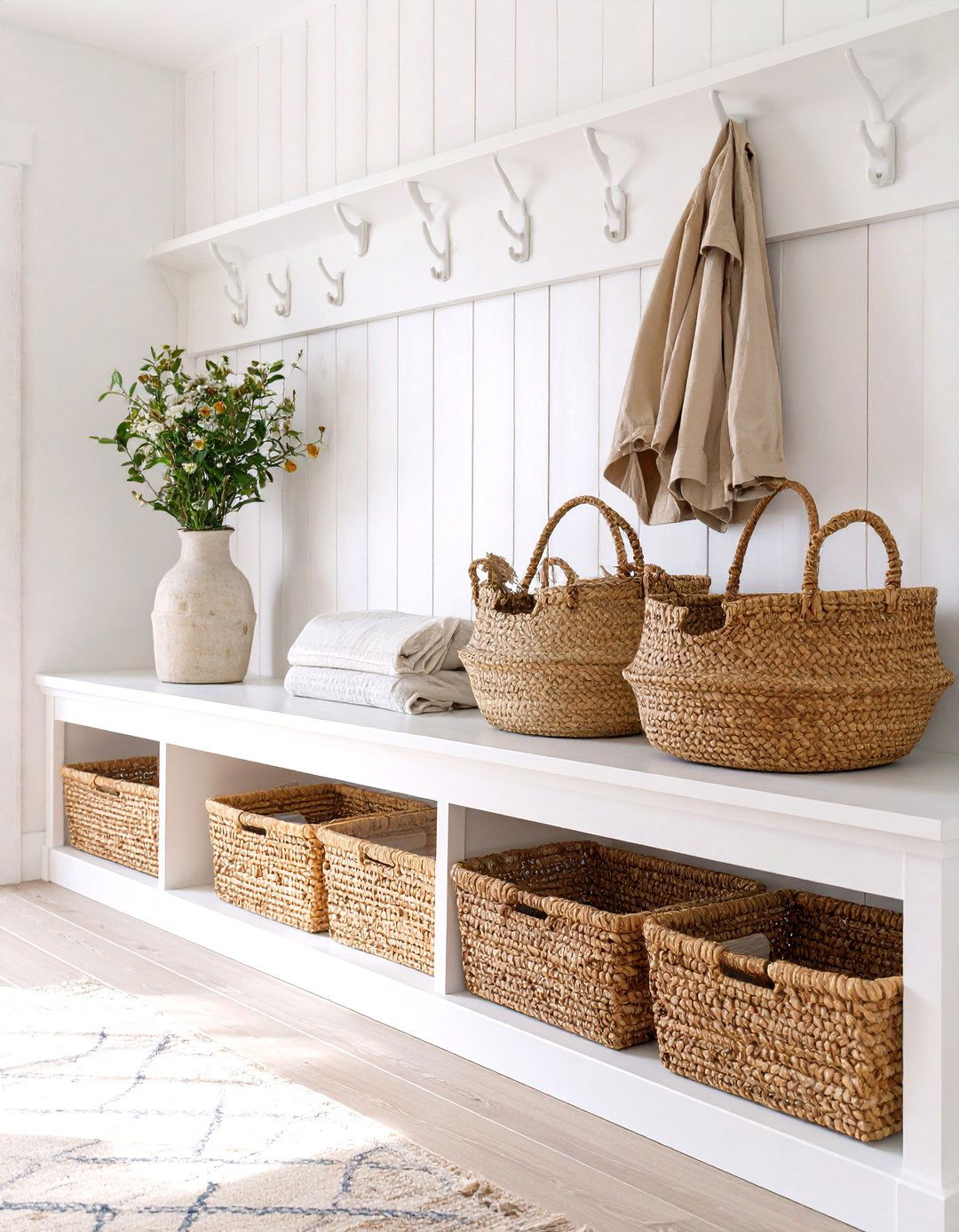 Coastal Style Bench with Wicker Baskets - 30 hallway storage ideas