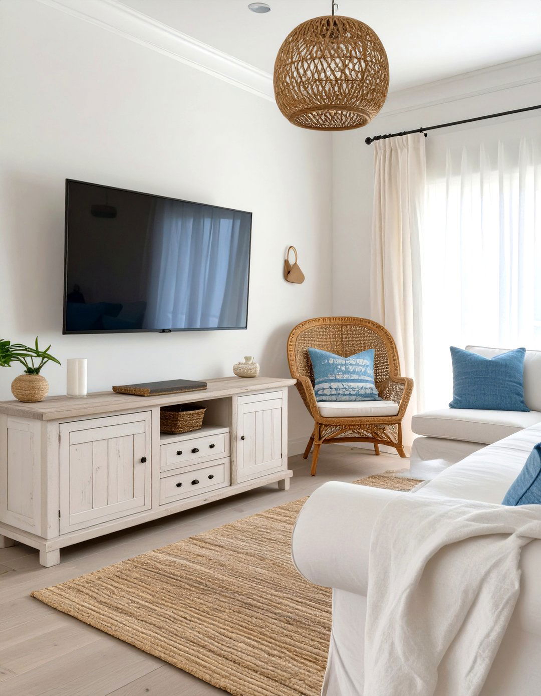 Coastal Theme With Light Woods - 30 narrow living room ideas with tv