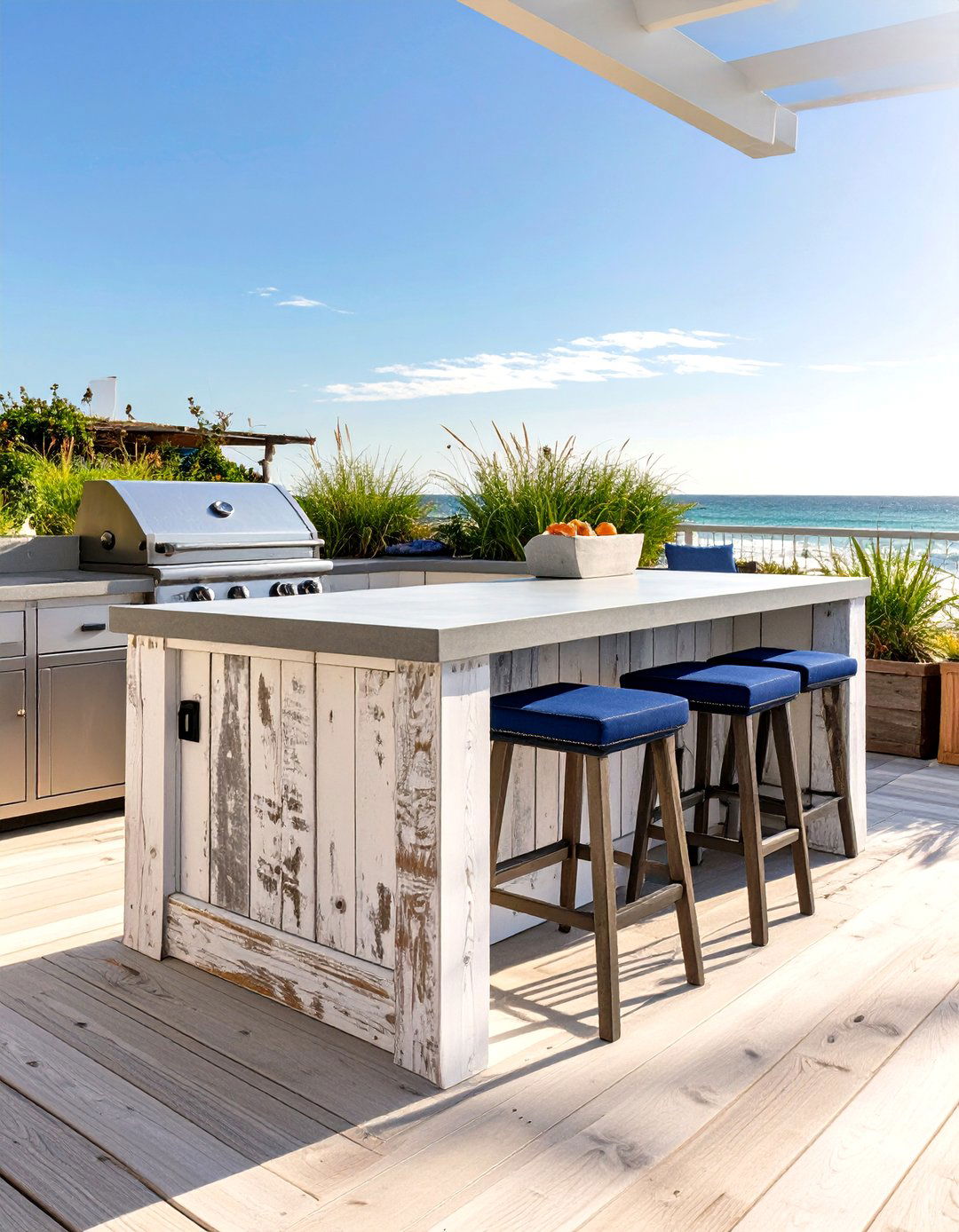 Coastal Themed BBQ Area with Light Woods and White Accents - 30 outdoor bbq ideas