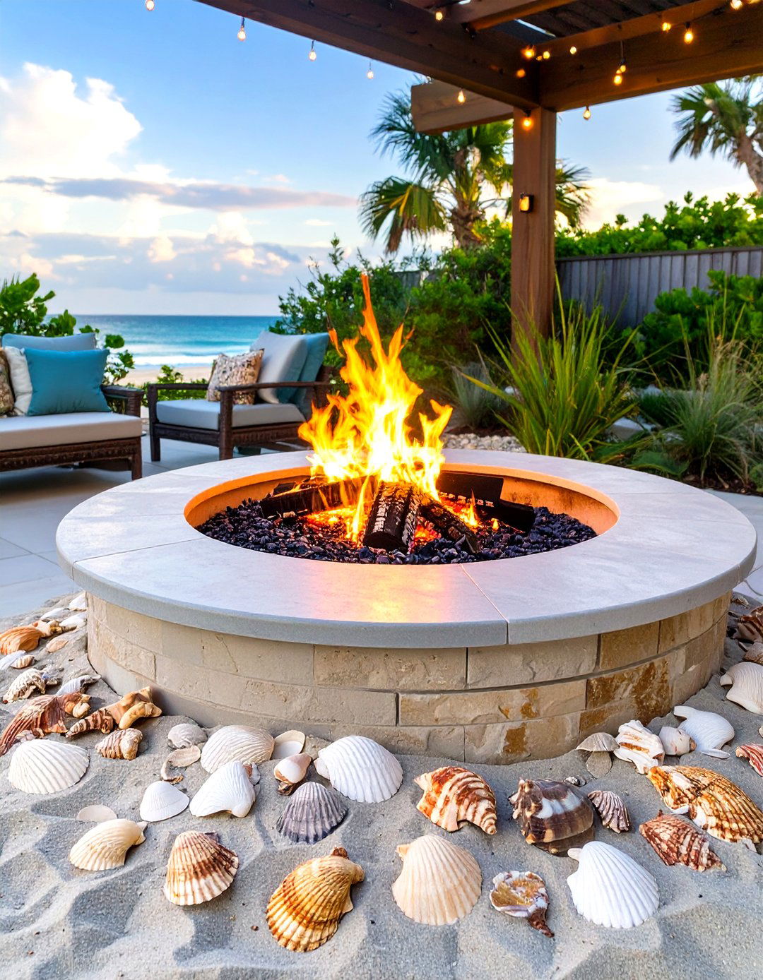 Coastal Themed Firepit with Seashells - 30 outdoor firepit ideas
