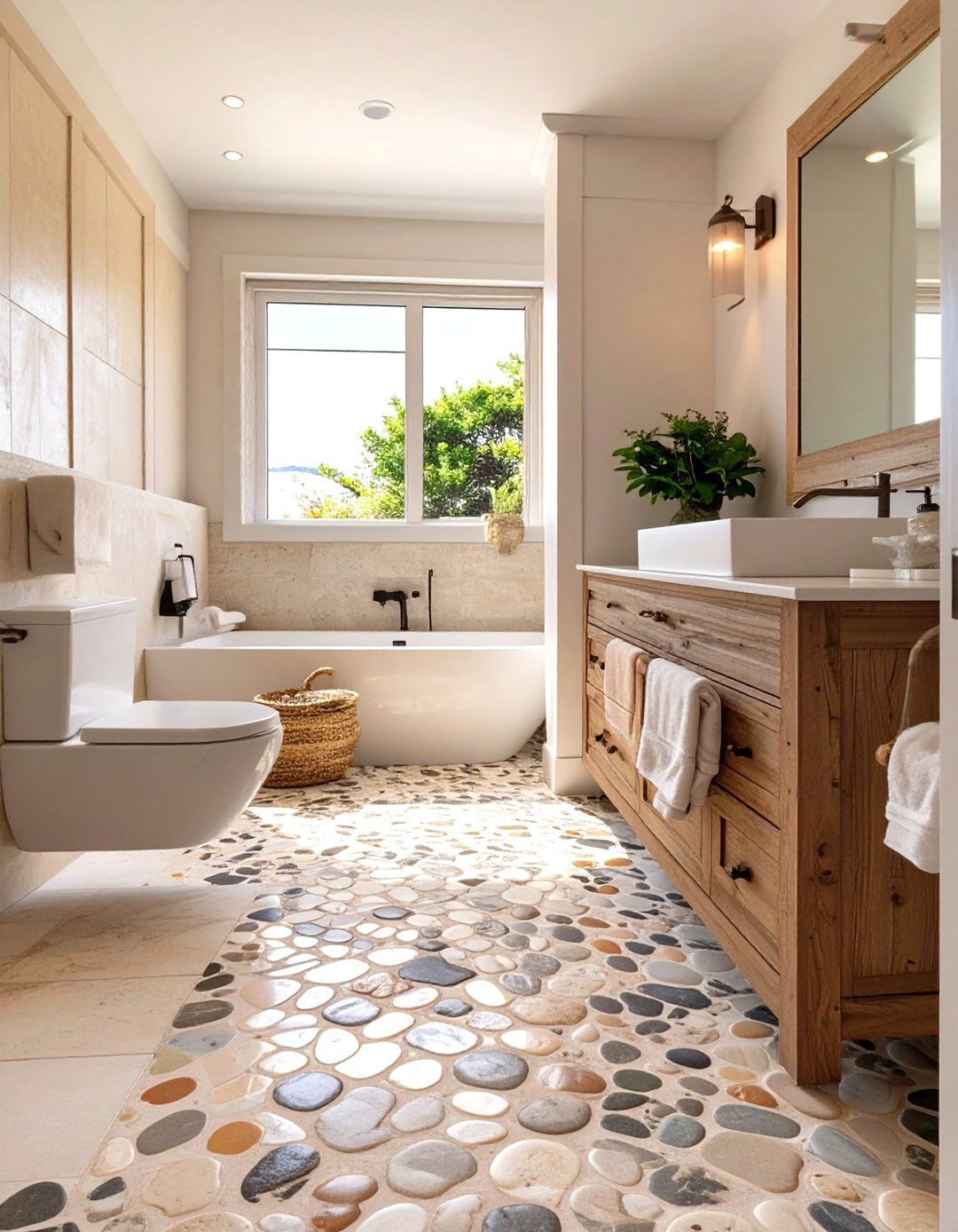 Coastal Themed Wet Room with Pebble Floor - 30 wet room bathroom ideas