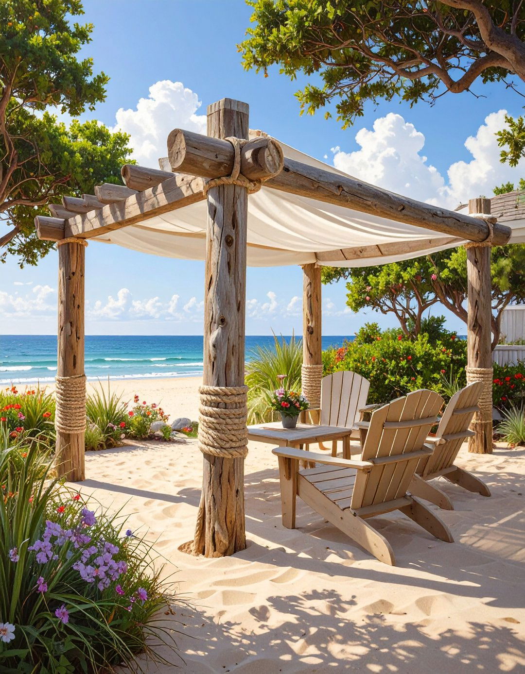 Coastal Vibe Driftwood and Fabric Shade - 30 budget diy backyard shade ideas