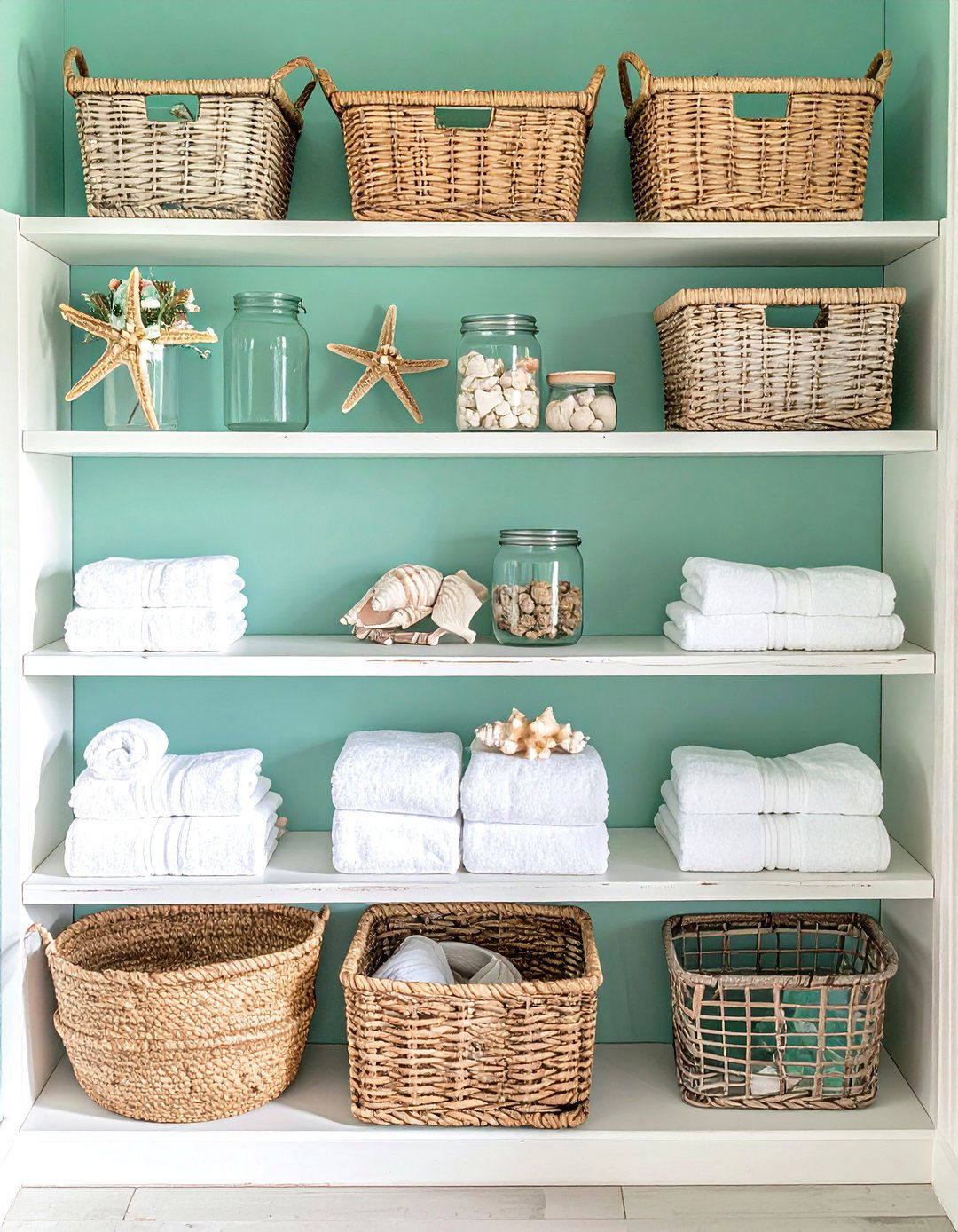 Coastal Vibe with Weathered Wood Shelves - 30 laundry shelf ideas