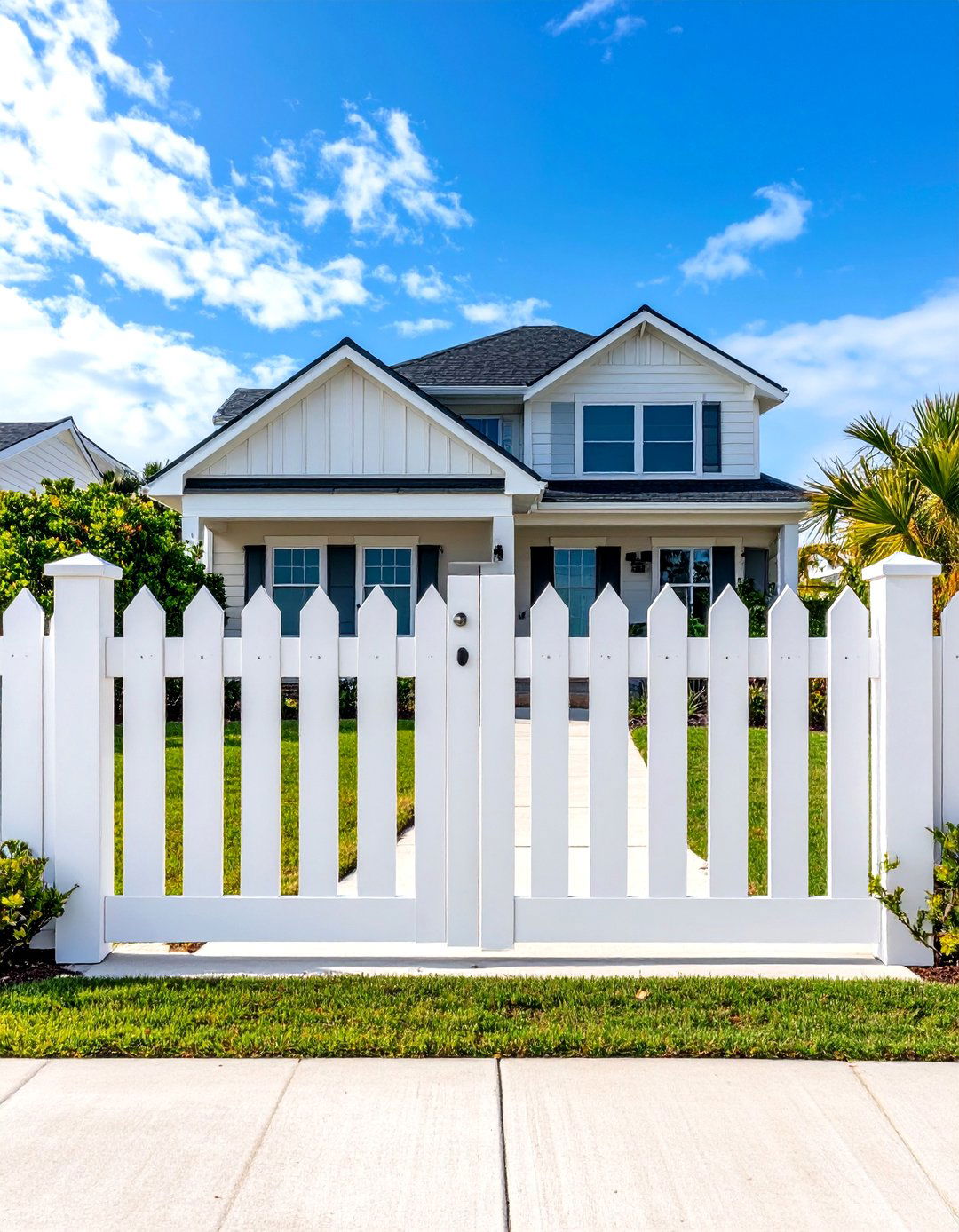 Coastal White Vinyl Fence with Wide Gates - 30 front yard fence ideas with driveway