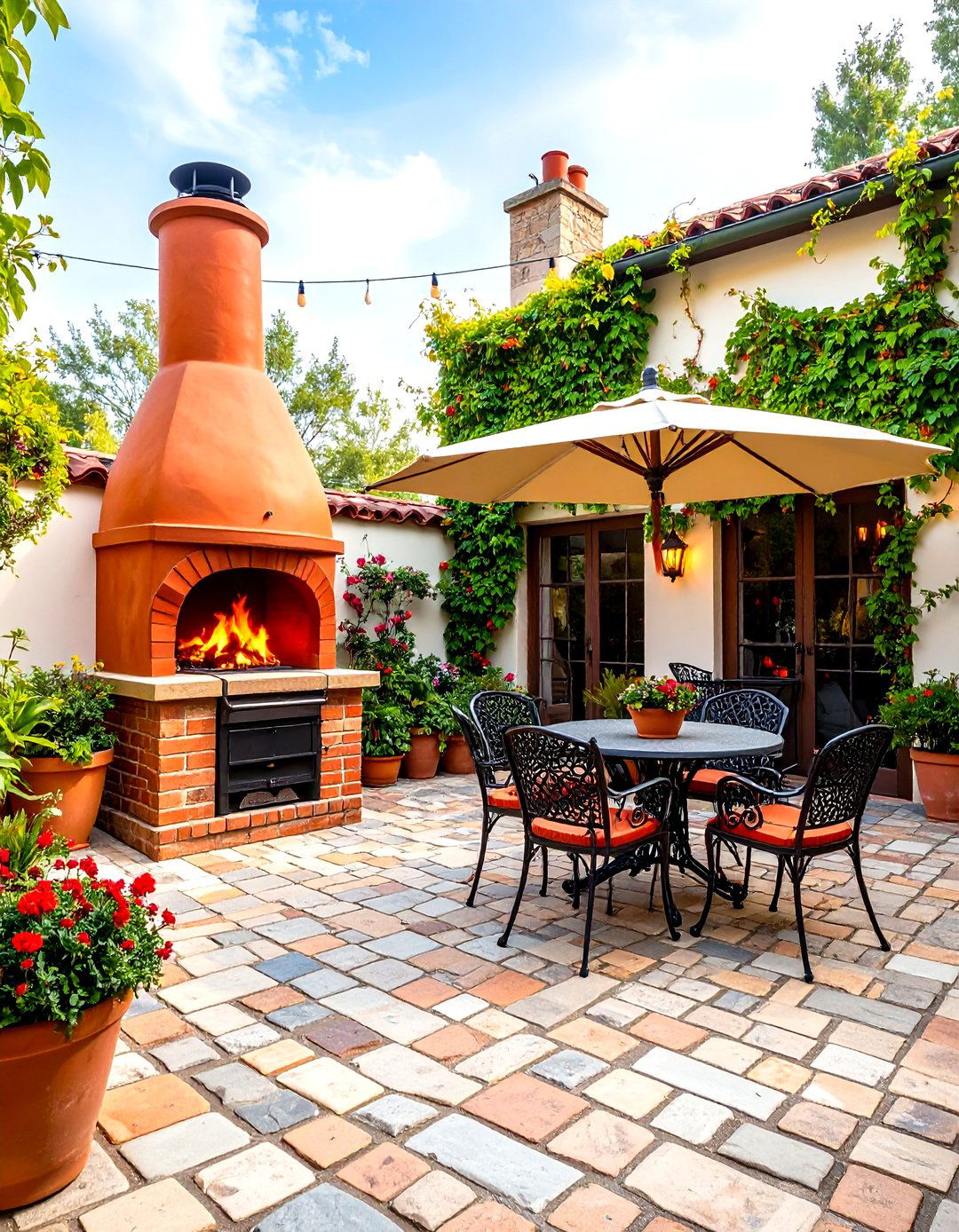 Cobblestone Courtyard with a Chiminea - 30 firepit patio ideas