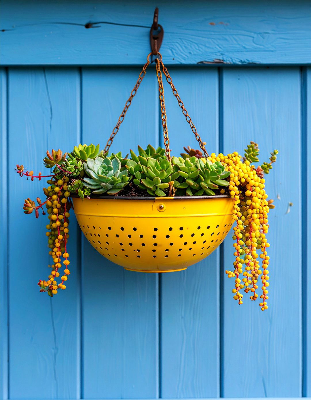 Colander Hanging Succulent Garden - 30 outdoor succulent garden ideas