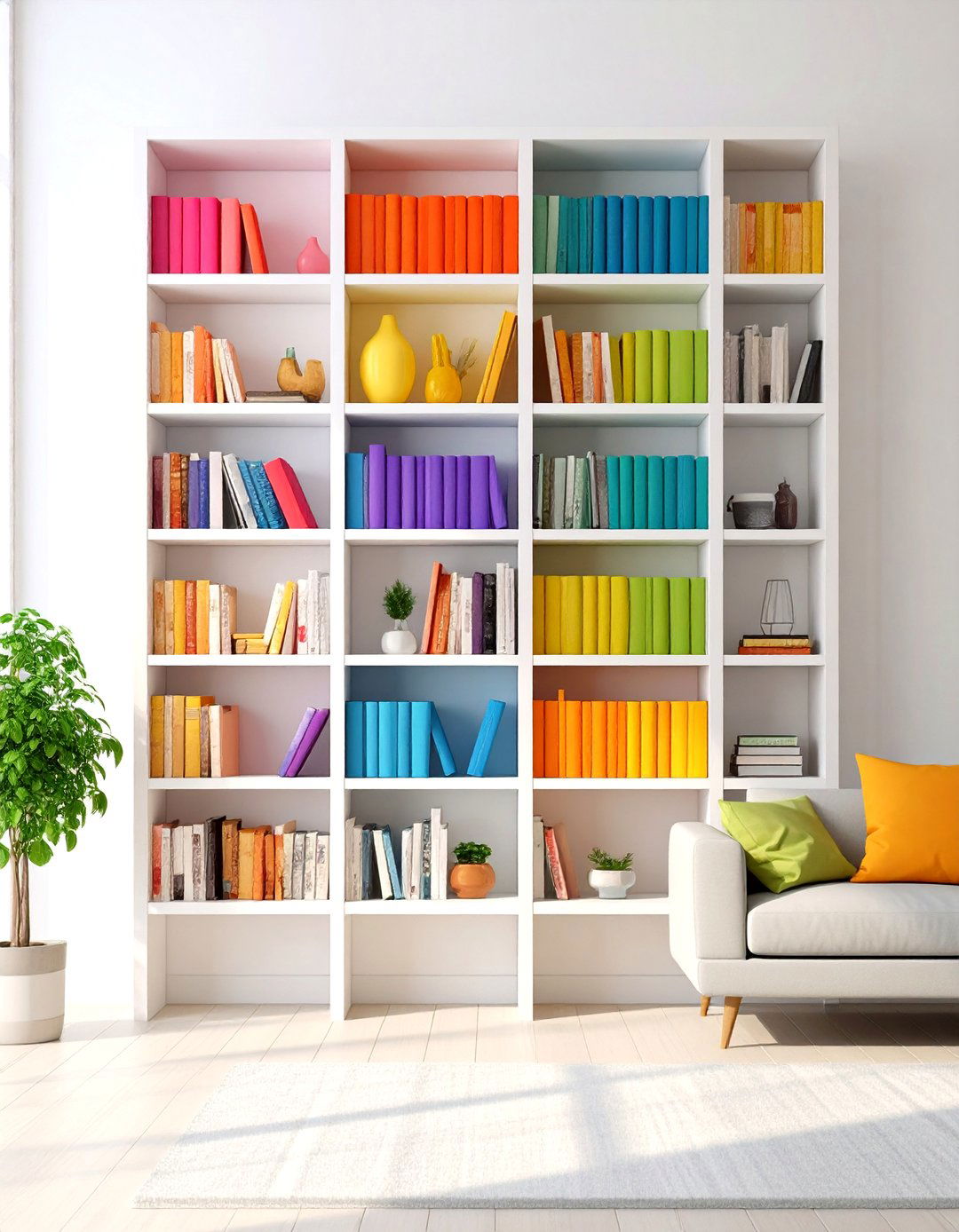 Color Blocked Living Room Bookshelf Styling - 30 living room wall shelf decor ideas