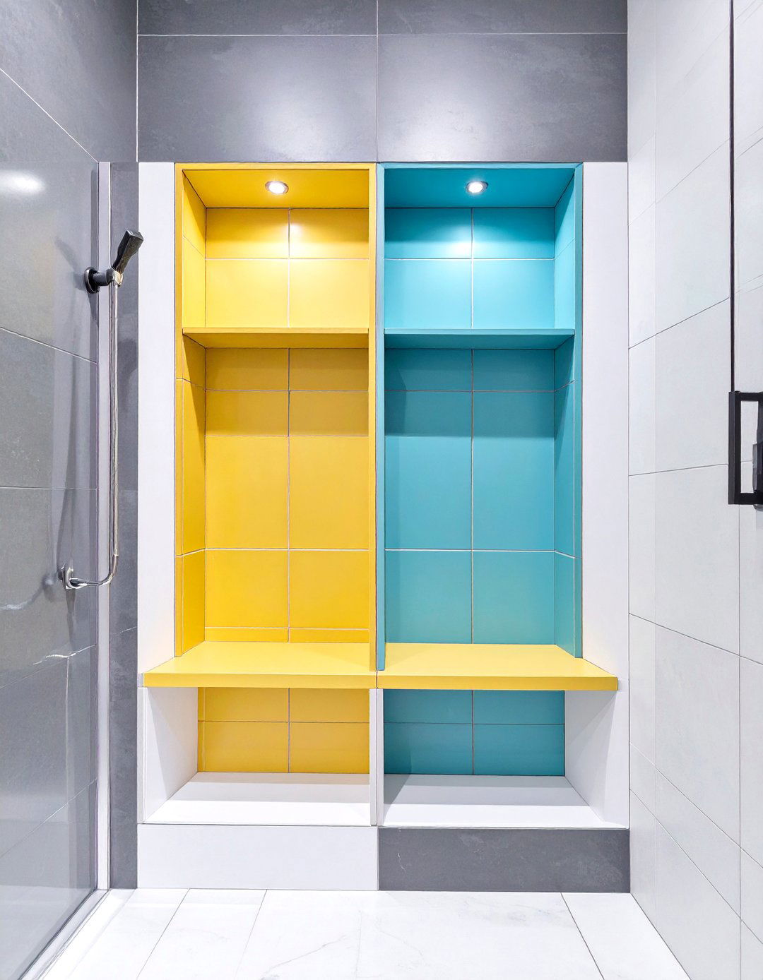 Color Blocked Shower Niche Shelves - 30 shower shelf ideas