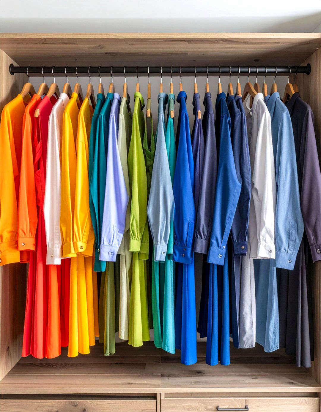 Color Coordinated Wardrobe in a Reach In Closet - 30 reach in closet ideas