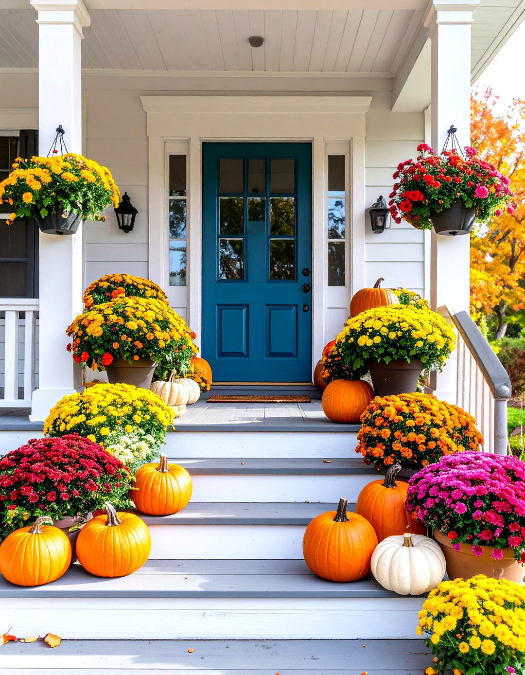Colorful Mum and Pumpkin Porch - 30 fall porch decor ideas