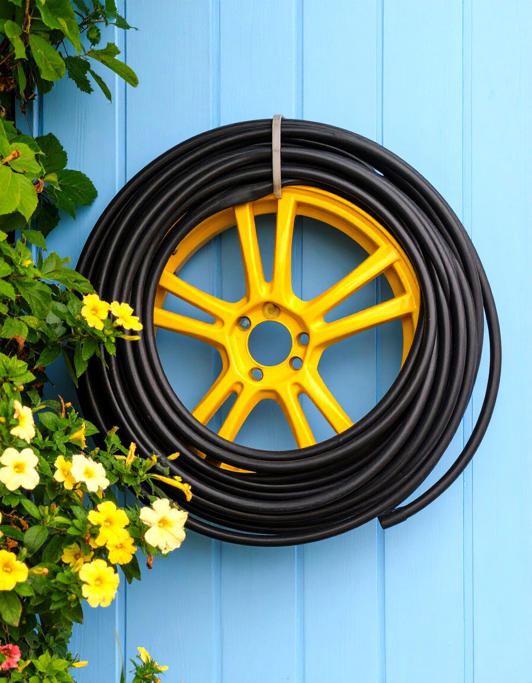 Colorful Painted Car Rim Holder - 30 garden hose storage ideas