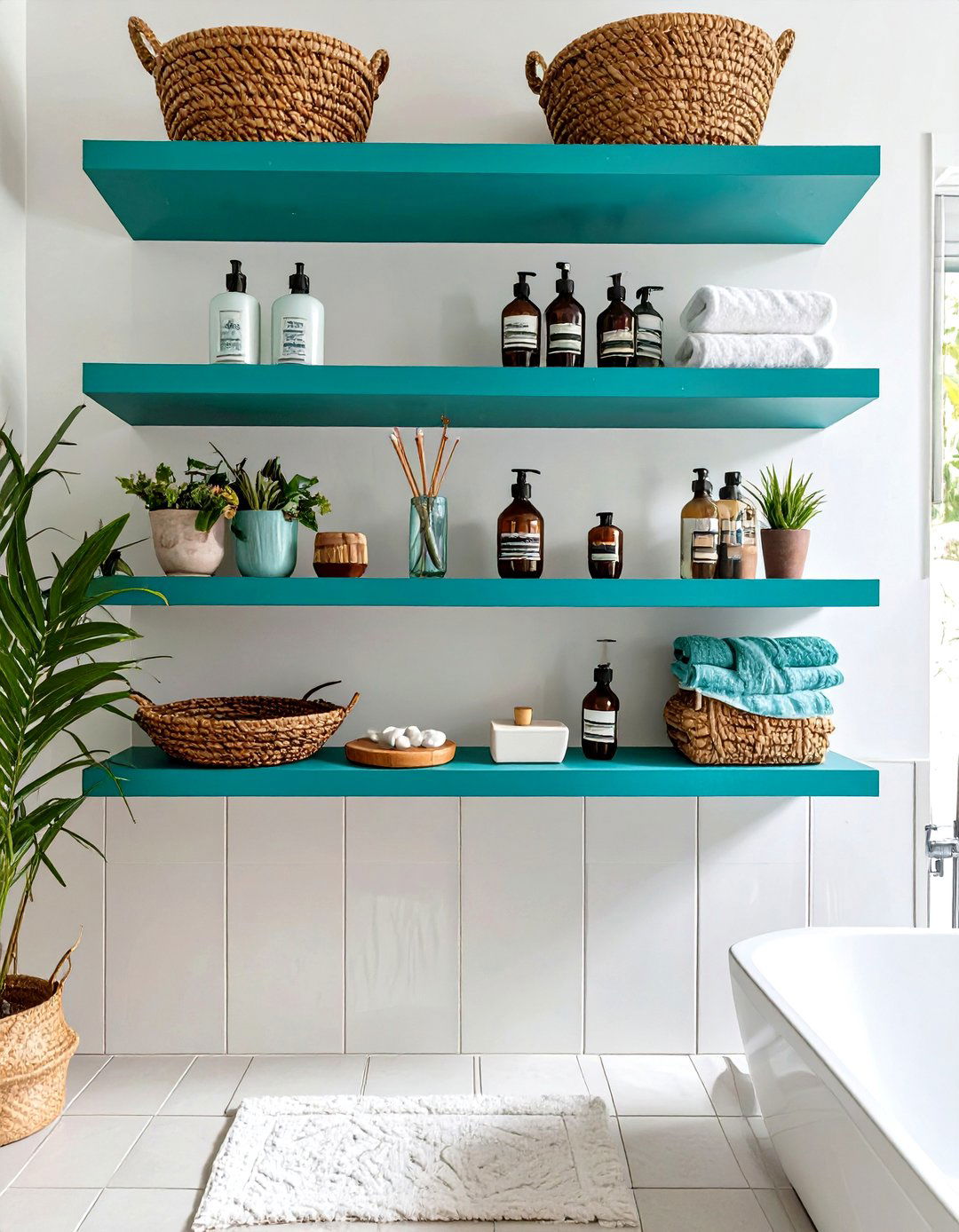 Colorful Painted Floating Shelves - 30 floating shelves bathroom ideas