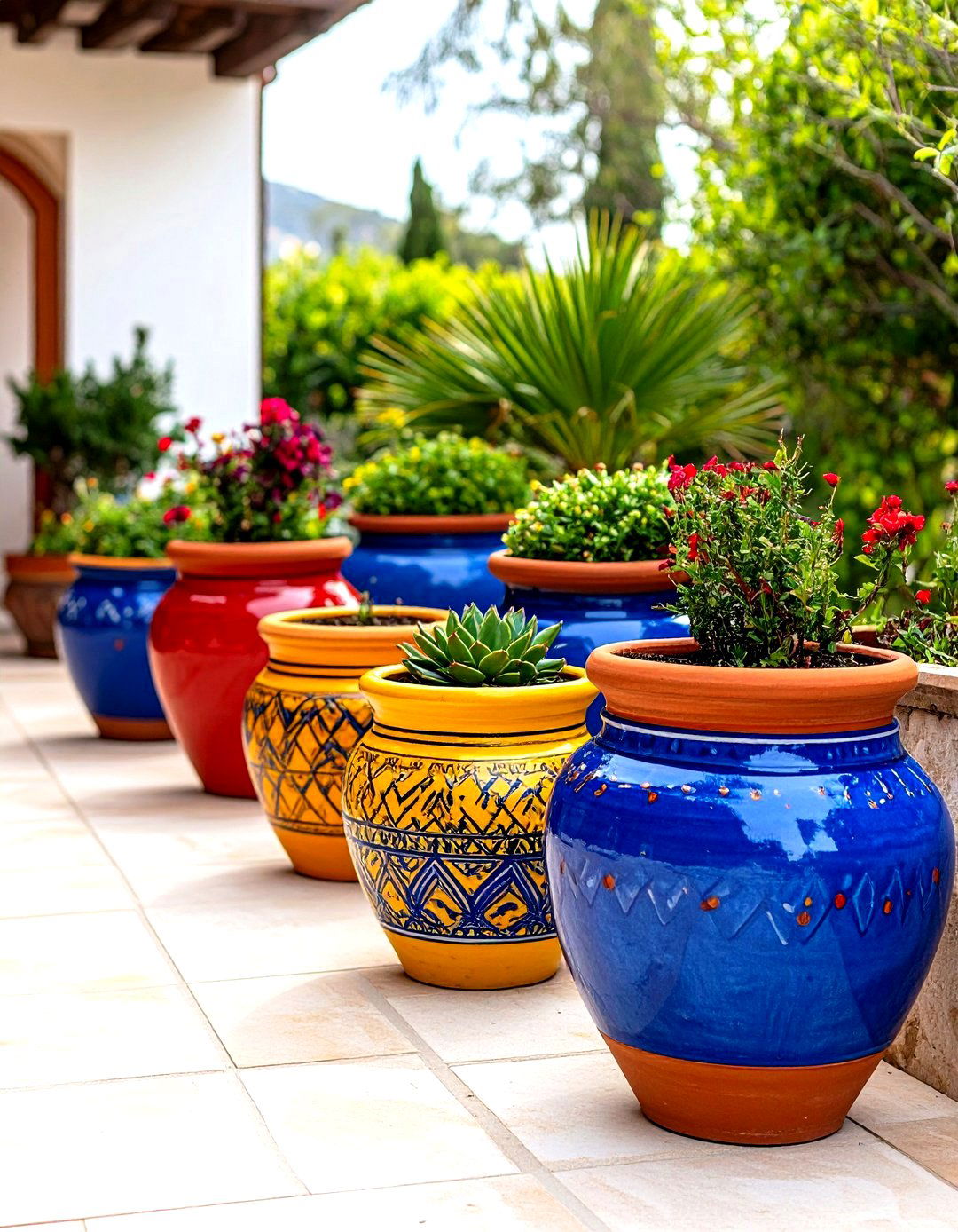 Colorful Painted Pot Patio Garden Arrangement - 30 patio garden ideas