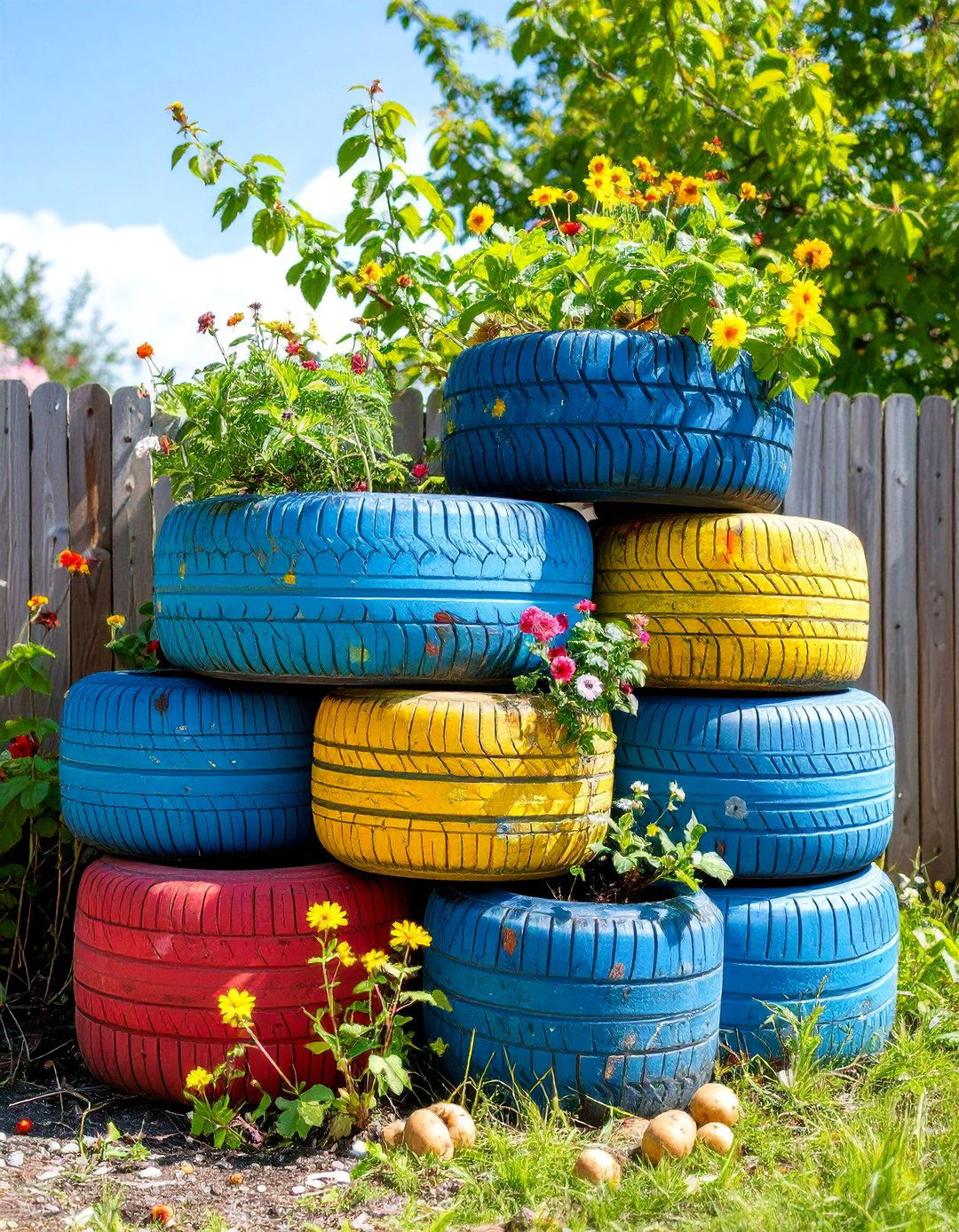 Colorful Painted Tire Garden - 30 above ground garden ideas