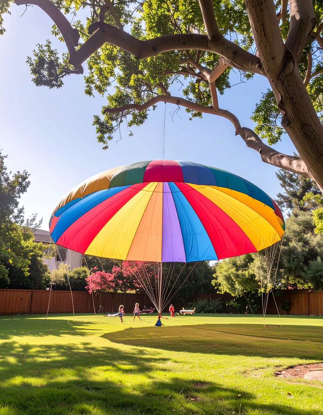 Colorful Parachute Canopy - 30 budget diy backyard shade ideas