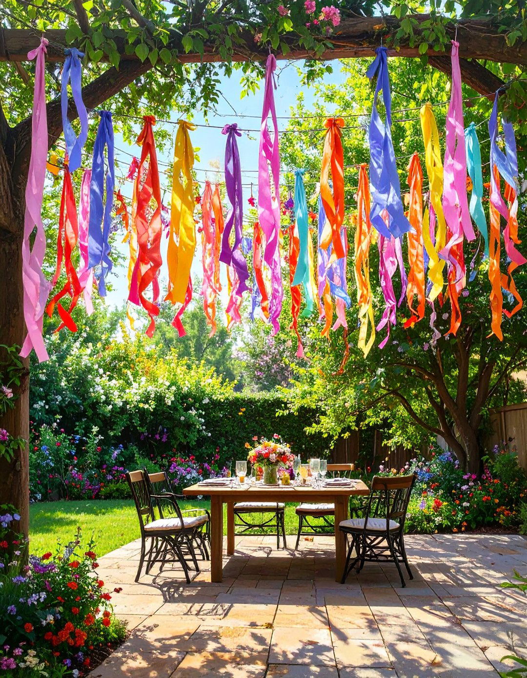 Colorful Ribbon Canopy - 30 budget diy backyard shade ideas