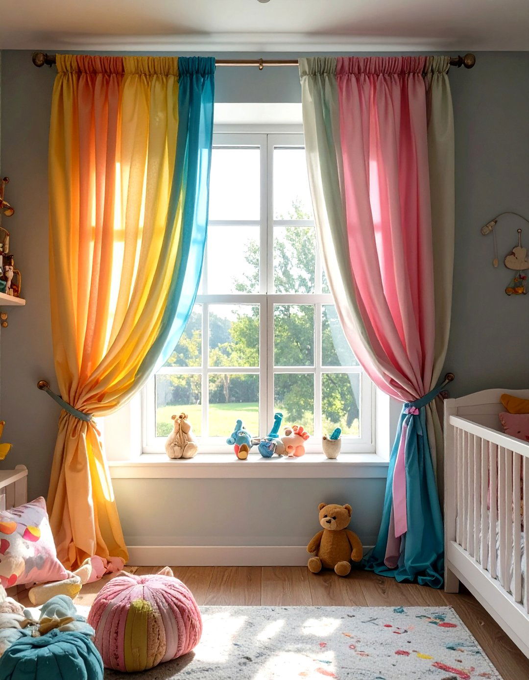 Colorful Ribbon Curtain - 30 toddler girl room ideas on a budget